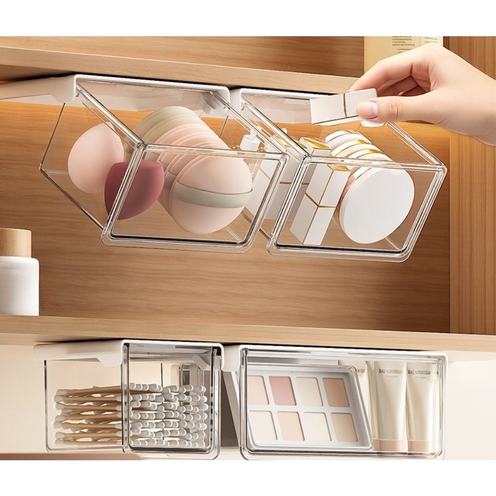 Makeup - プラスチック製引き出し式収納ボックス 自己粘着式 大容量 化粧品収納容器 透明 省スペース