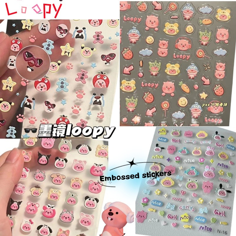 Nail Art - ルーピー3Dエンボスステッカー、透明DIYステッカー、かわいいビーバー、ファッショナブルなミニ防水ネイルアートデコレーションアクセサリーギフト