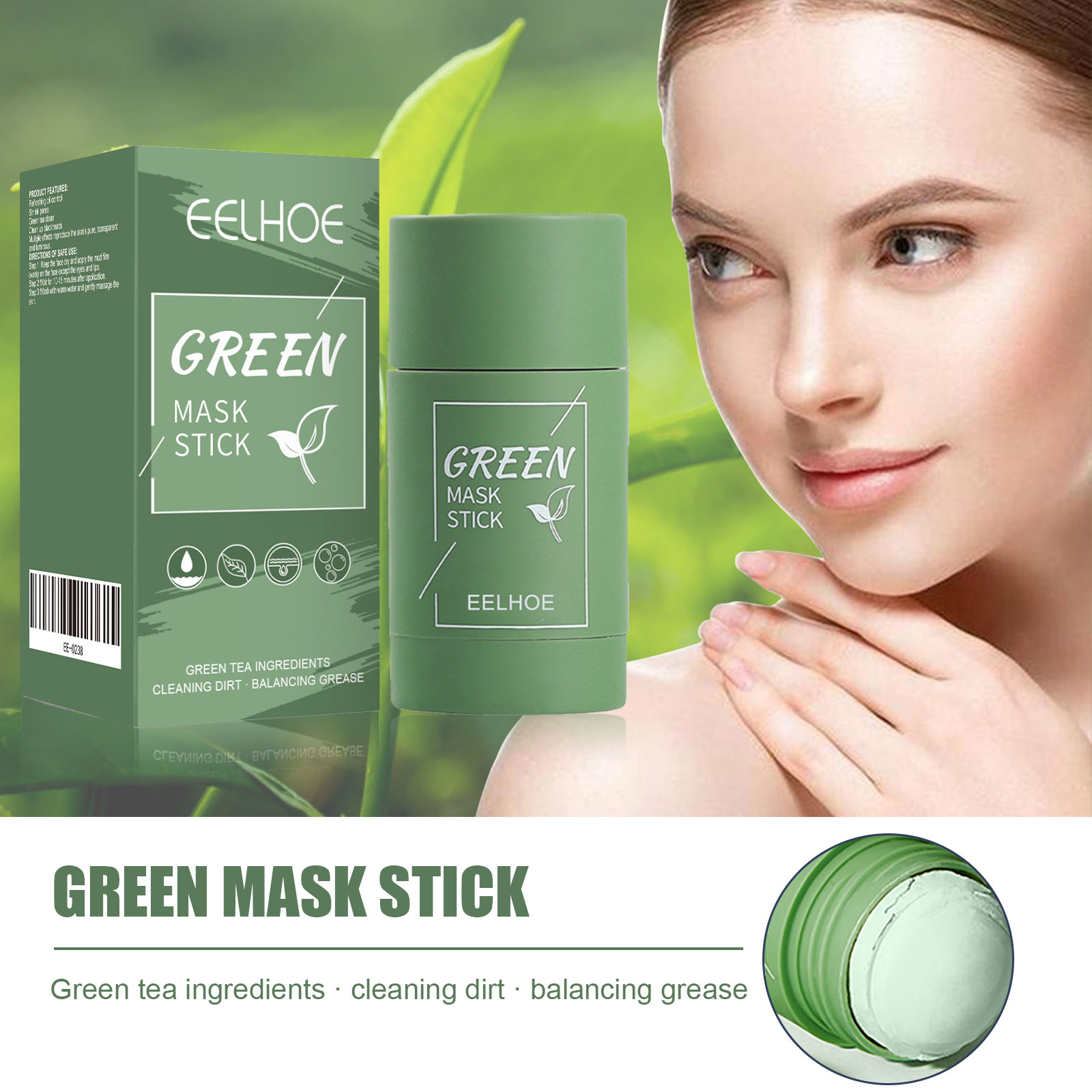 Green Tea Cleansing Clay Mask - グリーンティーソリッドマスクスティック - ディープクレンジング＆保湿、毛穴ケア、乾燥せず汚れが残らないアプリケーター付きクレイマスク