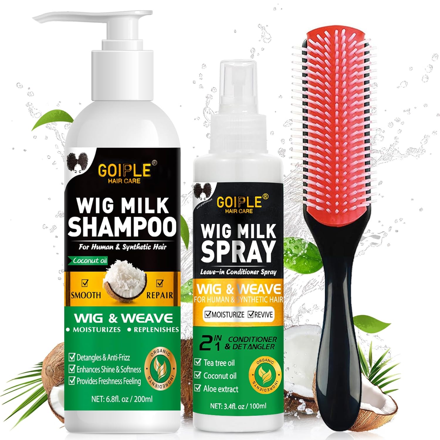 Hair Care - GOIPLE 3 in 1 ウィッグケアキット シャンプー、コンディショナー、スプレー、9列のもつれ解消ブラシ付き