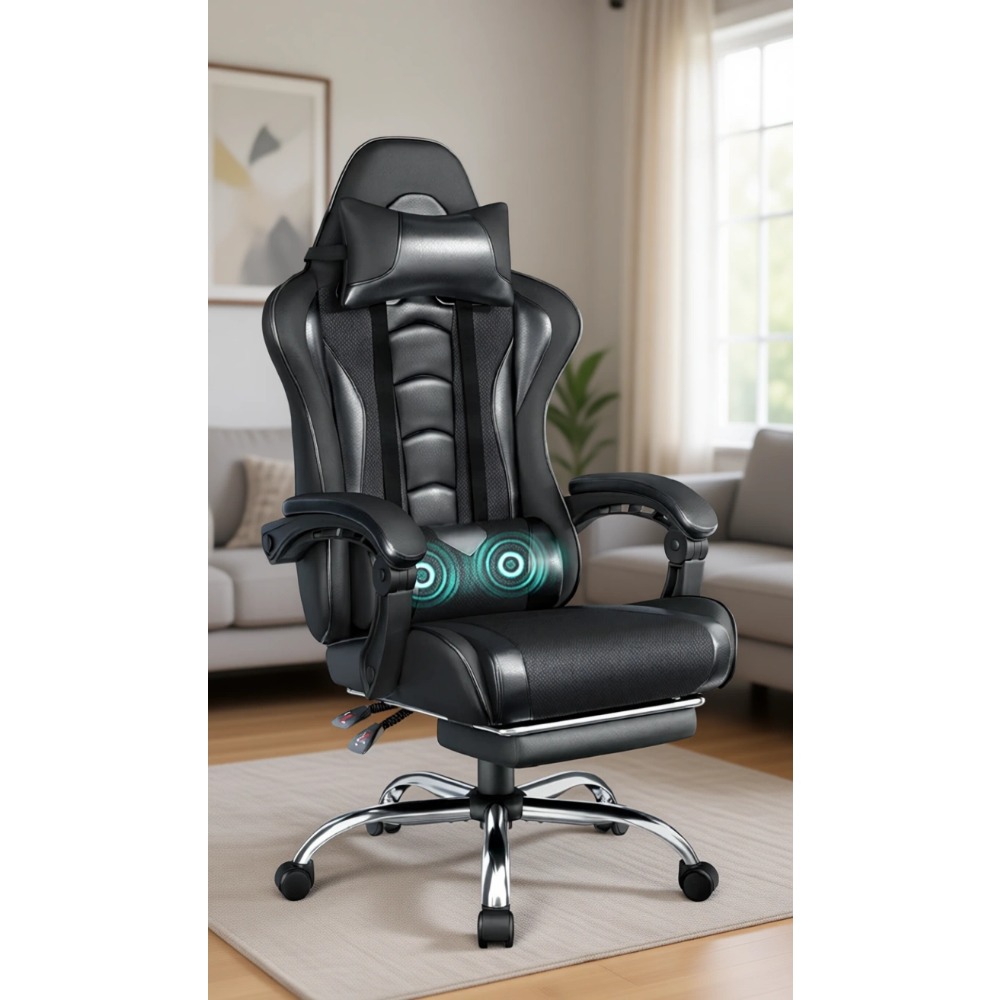 Massage - 快適なPUレザーゲーミングチェア、フットレストマッサージ機能付き腰枕、リクライニング機能搭載。耐久性のある金属フレームで最大300ポンドまで対応。