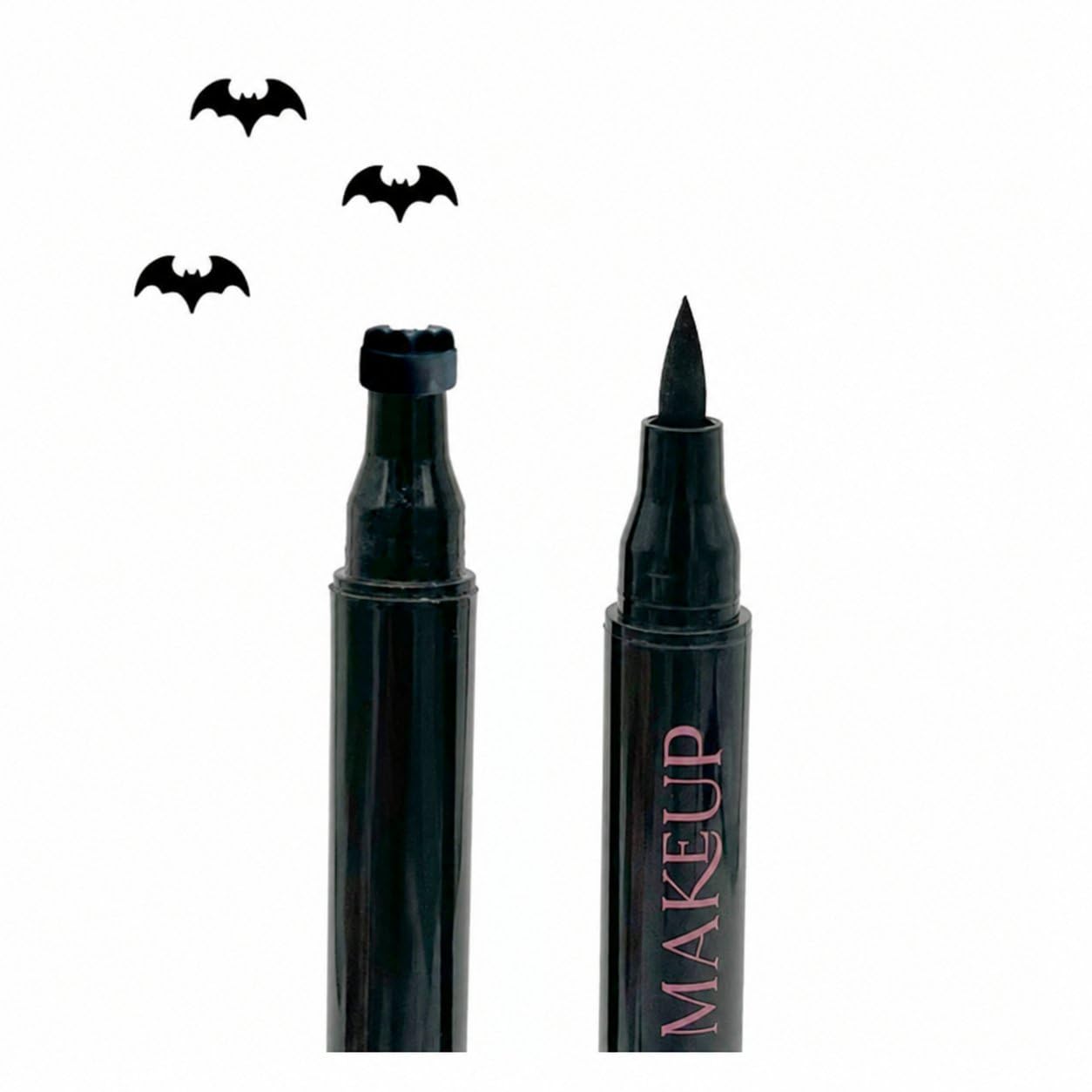Waterproof Liquid Eyeliner Pen - ハロウィン両端スタンプアイライナー 防水ブラックリキッドアイライナーペン バットフェイスタトゥースタンプ付き、長持ちで汚れにくい