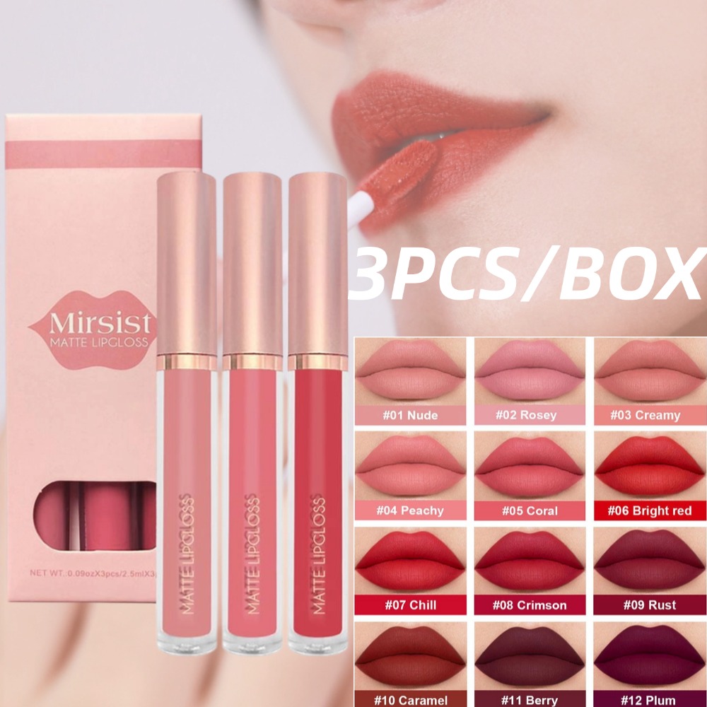 Matte Velvet Lip Tint Long Lasting - 3 ピース/セットヌードリップグロスマットベルベット口紅防水長期的な液体口紅女性しっとりリップティントノンスティック