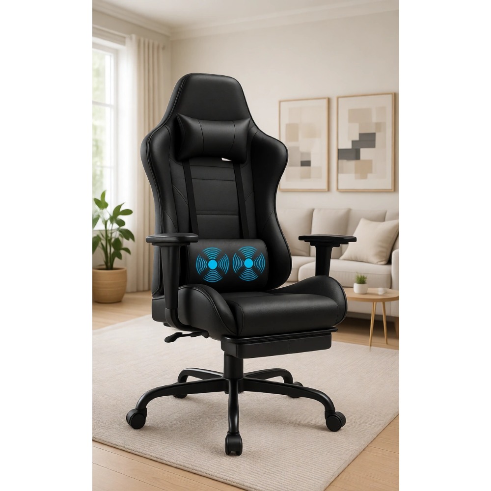 Massage - ゲーミングチェア：人間工学に基づいたデスクチェア、フットレスト付き、マッサージランバーサポート、高さ調節可能、回転シート