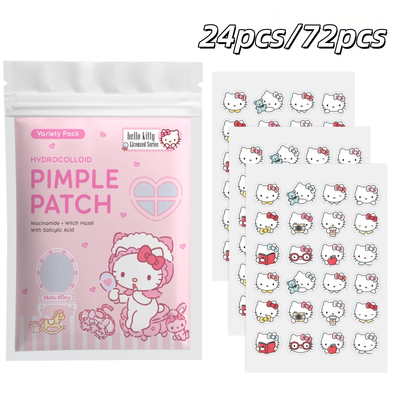 Hydrocolloid Pimple Patch - 24/72枚入り ハローキティ ハイドロコロイドニキビパッチ、キュートな漫画風ニキビシール、様々な種類の目に見えない傷カバー
