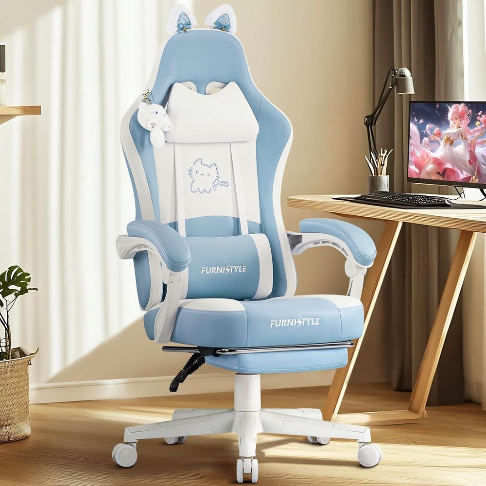 Massage - 人間工学に基づいた青/白のゲーミングチェア、腰椎サポートとマッサージ機能付きで快適なゲームプレイを実現