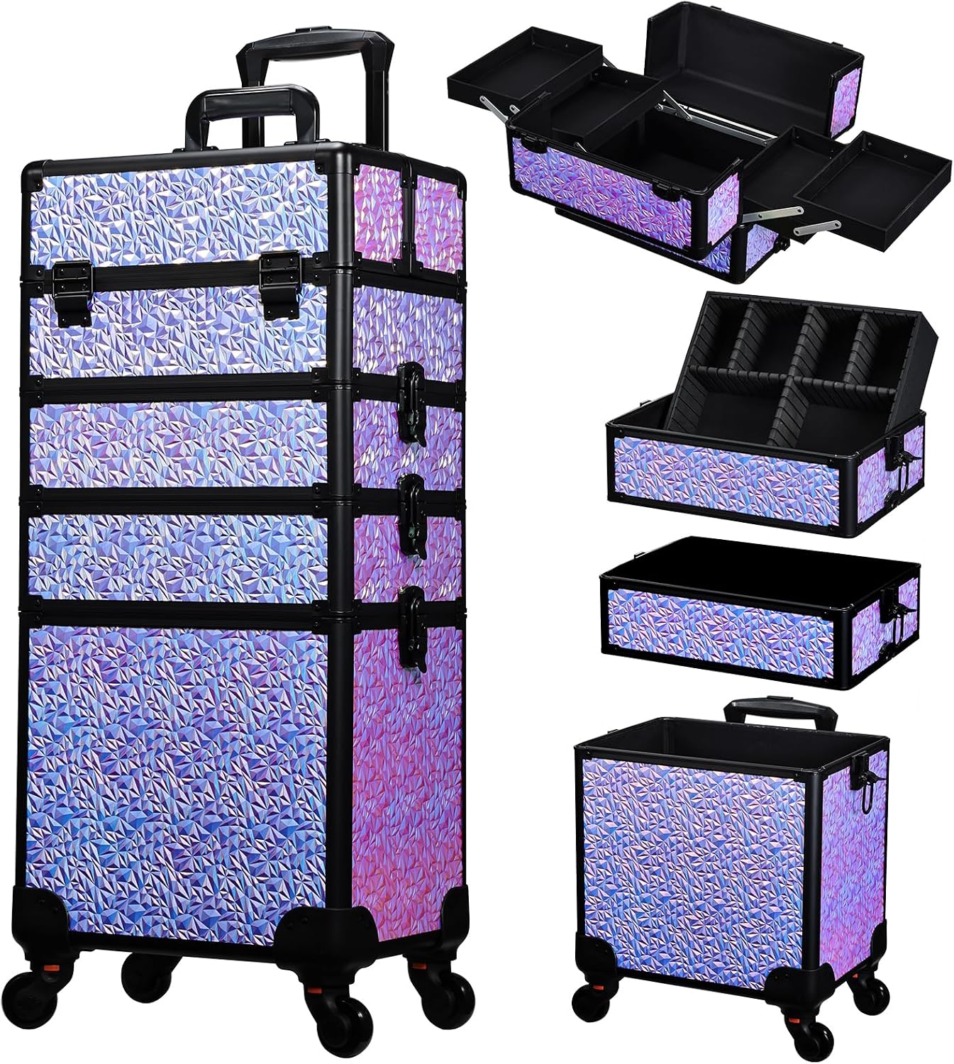Makeup - ローリングメイクアップトレインケース、引き出し付き大型コスメティック収納カート、旅行用ネイルサロンビューティーオーガナイザートロリー（車輪付き）、モバイルヘアスタイリスト用バニティボックス、光沢のあるパープル、1個セット