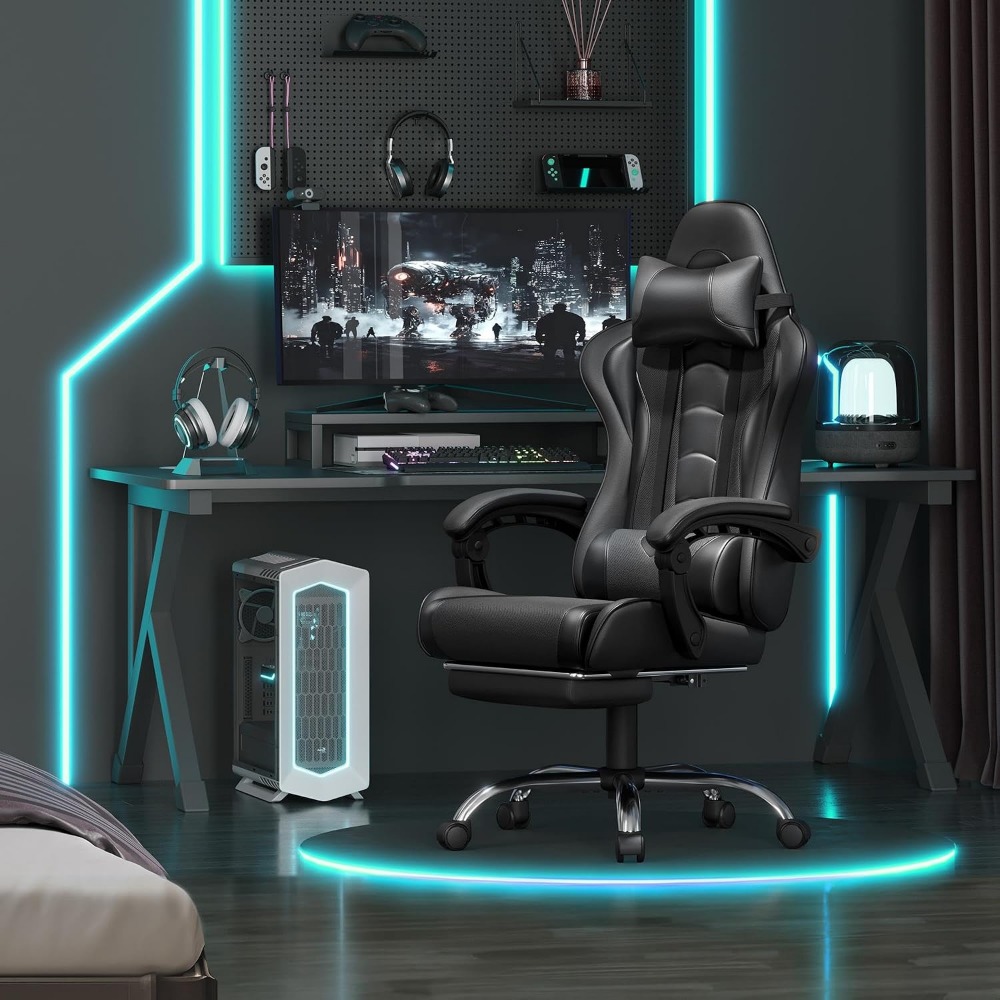 快適なPUレザーゲーミングチェア、フットレストマッサージ機能 - Massage のレビューと価格