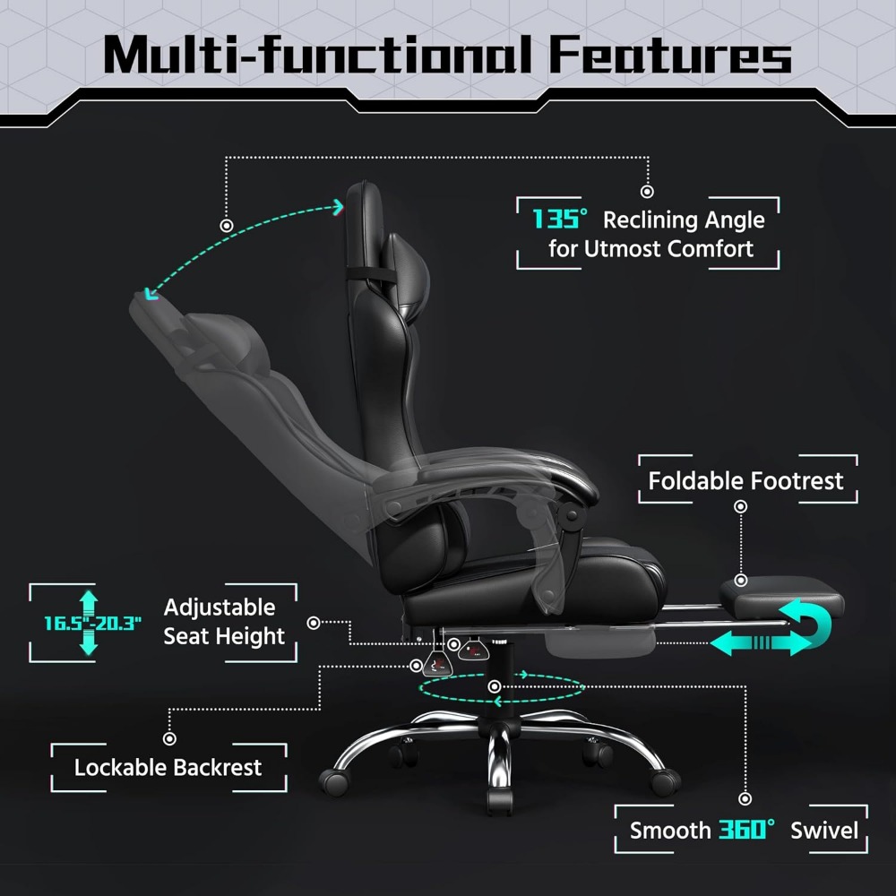 快適なPUレザーゲーミングチェア、フットレストマッサージ機能 - Massage のレビューと価格