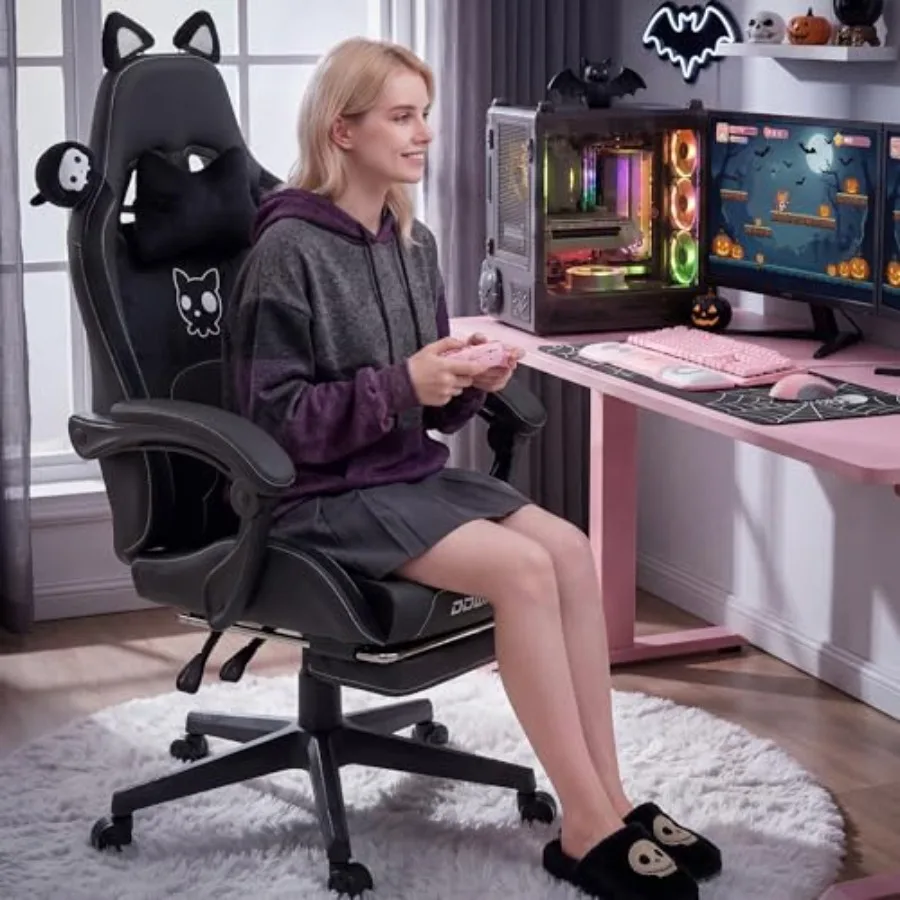 大人用ゲーミングチェア、猫耳付き、PUレザー、ブラック、マッ - Massage のレビューと価格