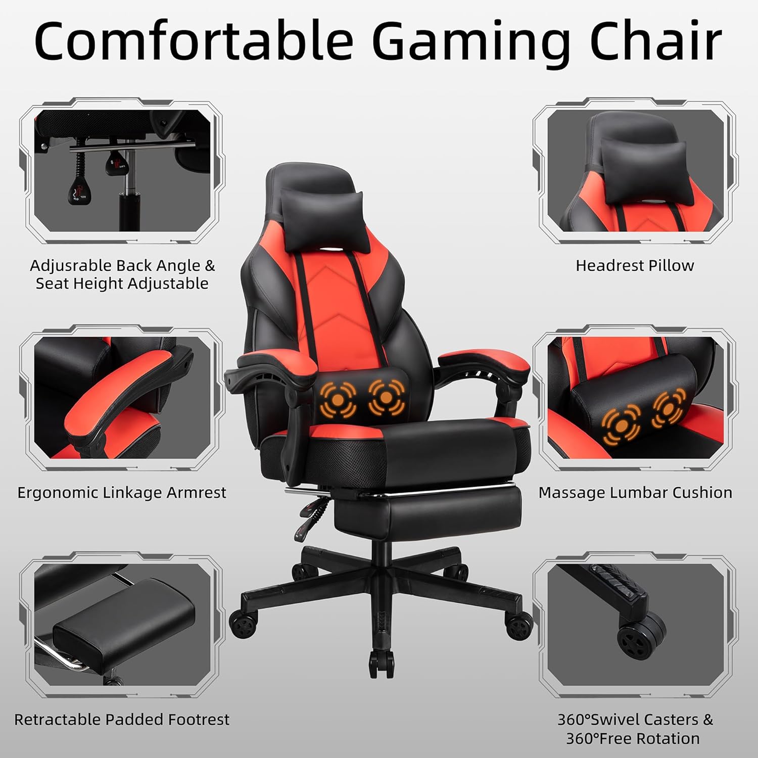 フットレスト付きゲーミングチェア、マッサージランバーサポート - Massage のレビューと価格