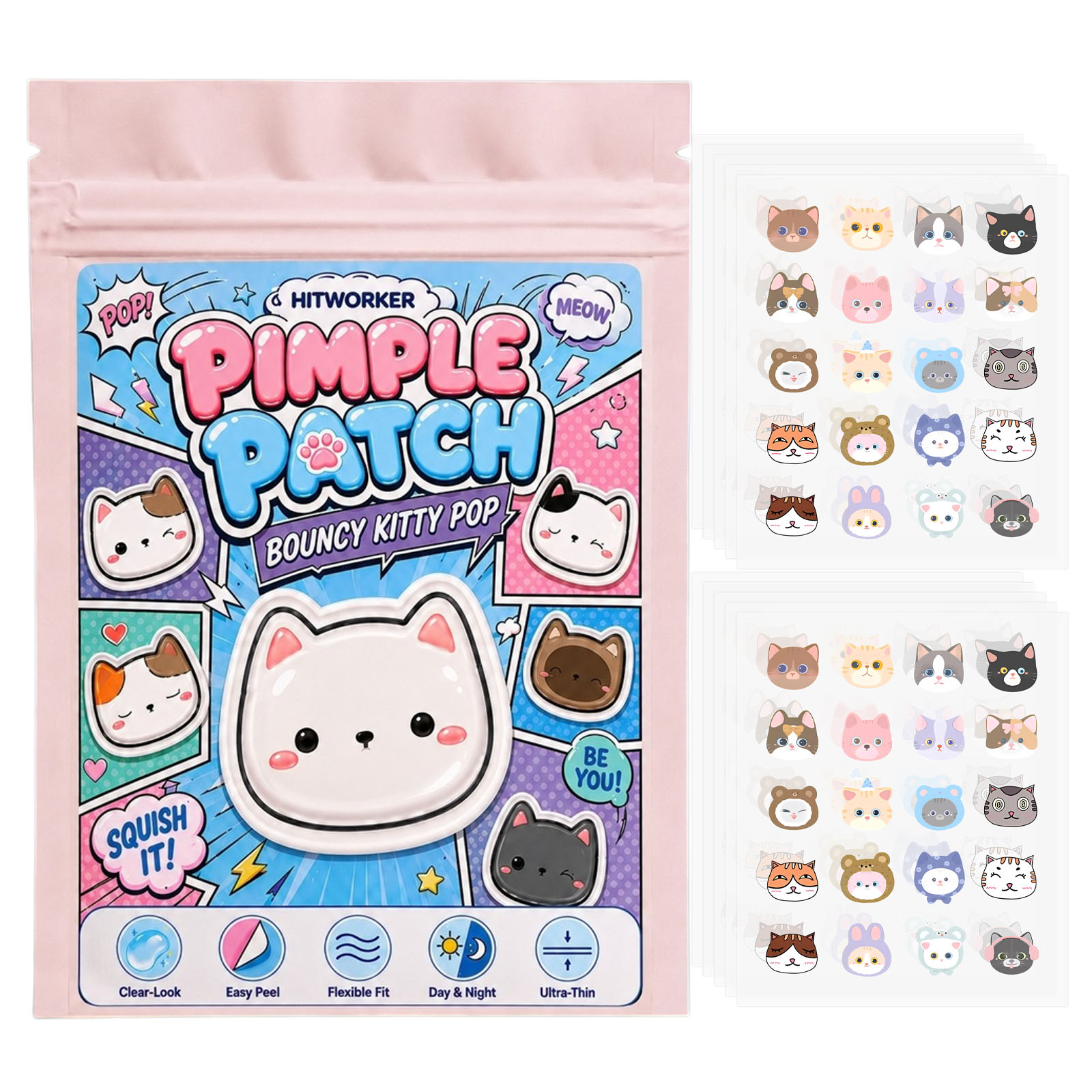 100枚入りキュートな猫型ニキビパッチ、ハイドロコロイドスポ - Hydrocolloid Pimple Patch のレビューと価格
