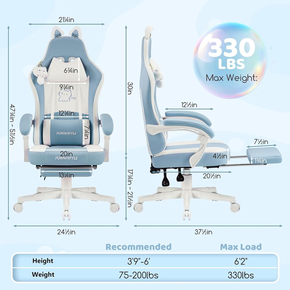 人間工学に基づいた青/白のゲーミングチェア、腰椎サポートとマ - Massage のレビューと価格