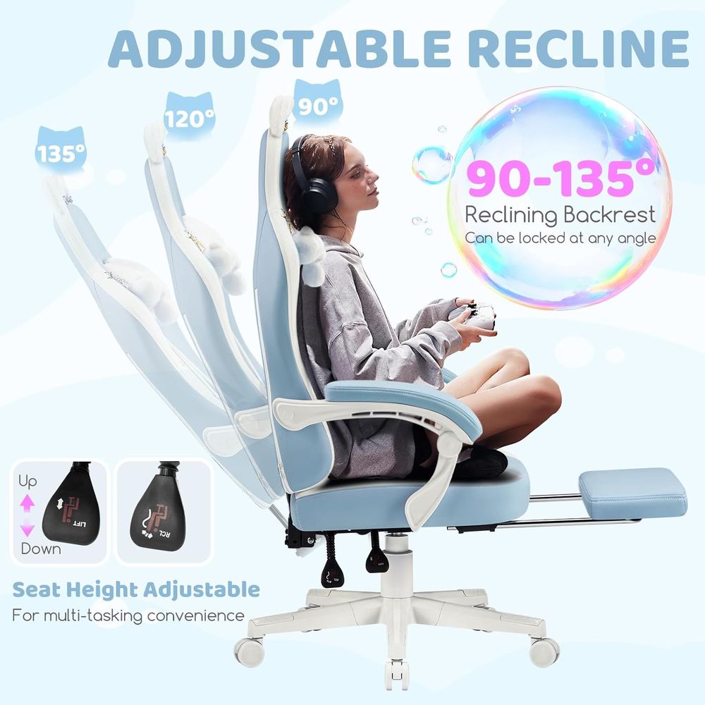 人間工学に基づいた青/白のゲーミングチェア、腰椎サポートとマ - Massage のレビューと価格