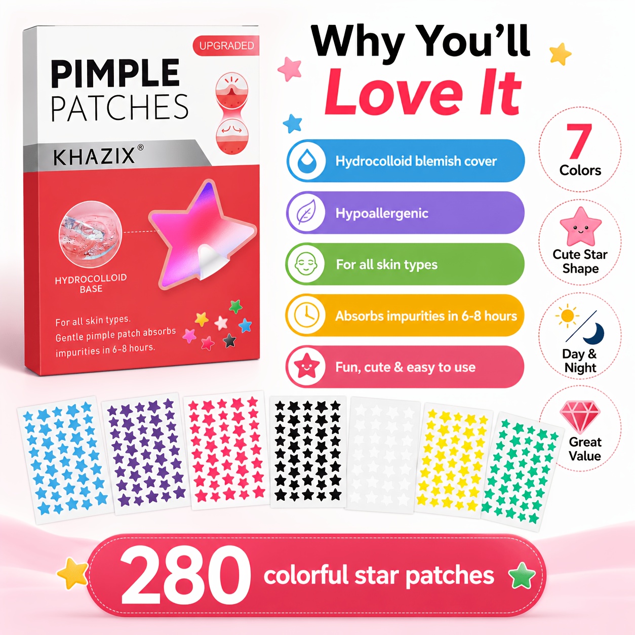 280枚入りスター型ニキビパッチ、7色のハイドロコロイドニキ - Hydrocolloid Pimple Patch のレビューと価格