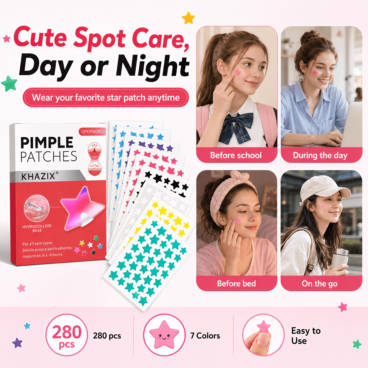 280枚入りスター型ニキビパッチ、7色のハイドロコロイドニキ - Hydrocolloid Pimple Patch のレビューと価格